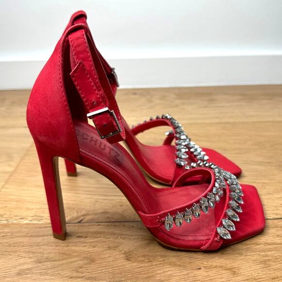 NEW Schutz Linsey Red Nubuck Sandal Embellished Bejeweled Diamond Crystal Heels - Picture 1 of 11